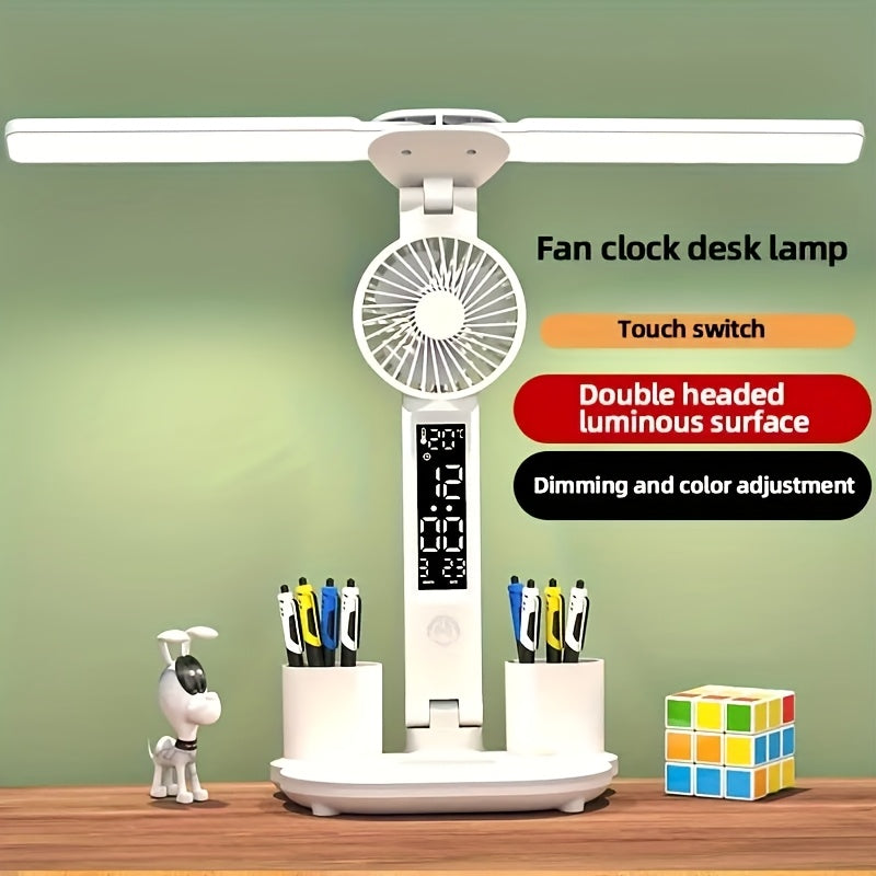 2-Head / 4-Head Optional Smart Desk Lamp with Fan & Pen Holder, USB Powered Touch Control, Adjustable Dual Lighting, Time & Temperature Display, Color Changing, Eye-Caring Modern Touch Lamp, Multifunctional Fashion Durable Plastic Lamp