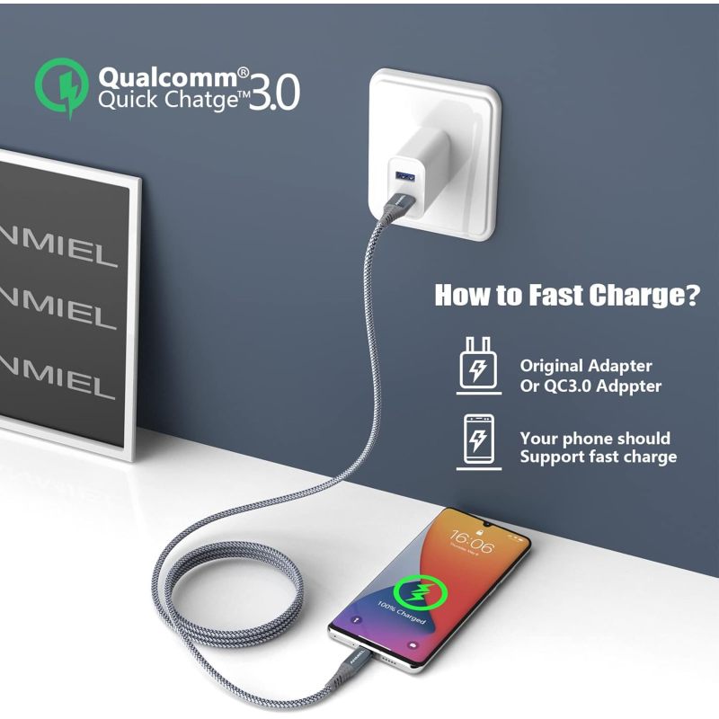 USB-C数据线，3条装[10英尺/3.3米/6.6英尺] 3A充电线，Type-C充电器数据线，尼龙编织USB-A转USB-C线，适用于三星Galaxy S10/S9/Note10/9/8、LG V20/G6
