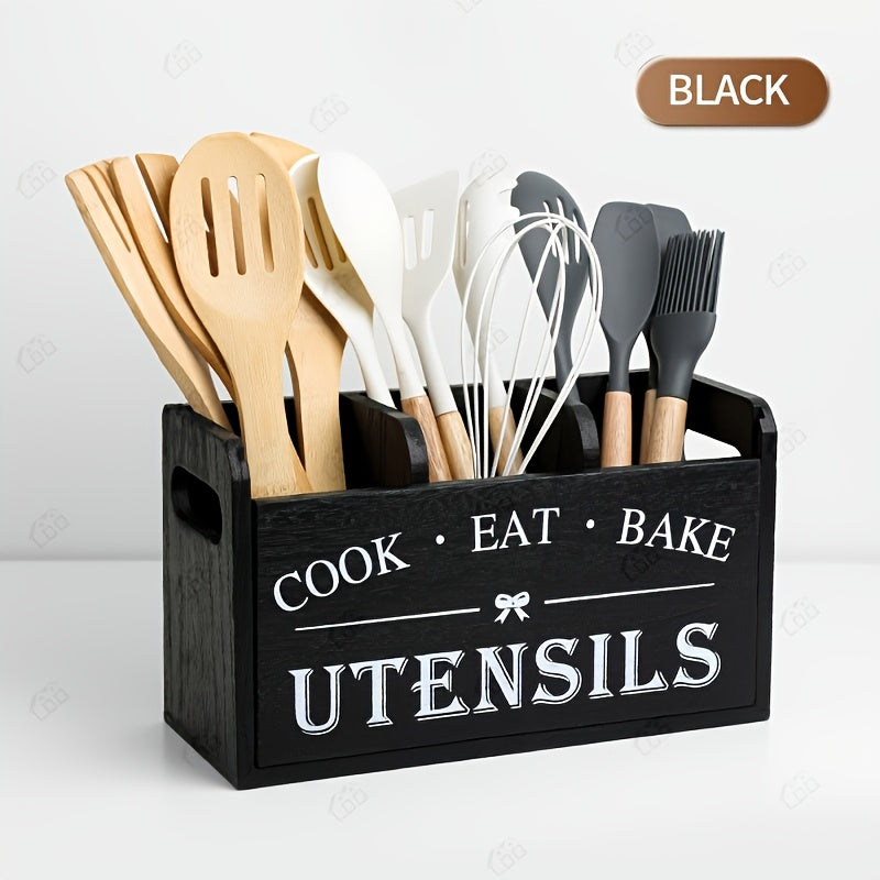 3 Compartment Rustic Wooden Kitchen Utensil Rack, Countertop & Wall Mount Kitchen Storage Organizer, Kitchen Accessories Holder for Fork Spoon Cooking Tools, Multifunctional Kitchen Organizer