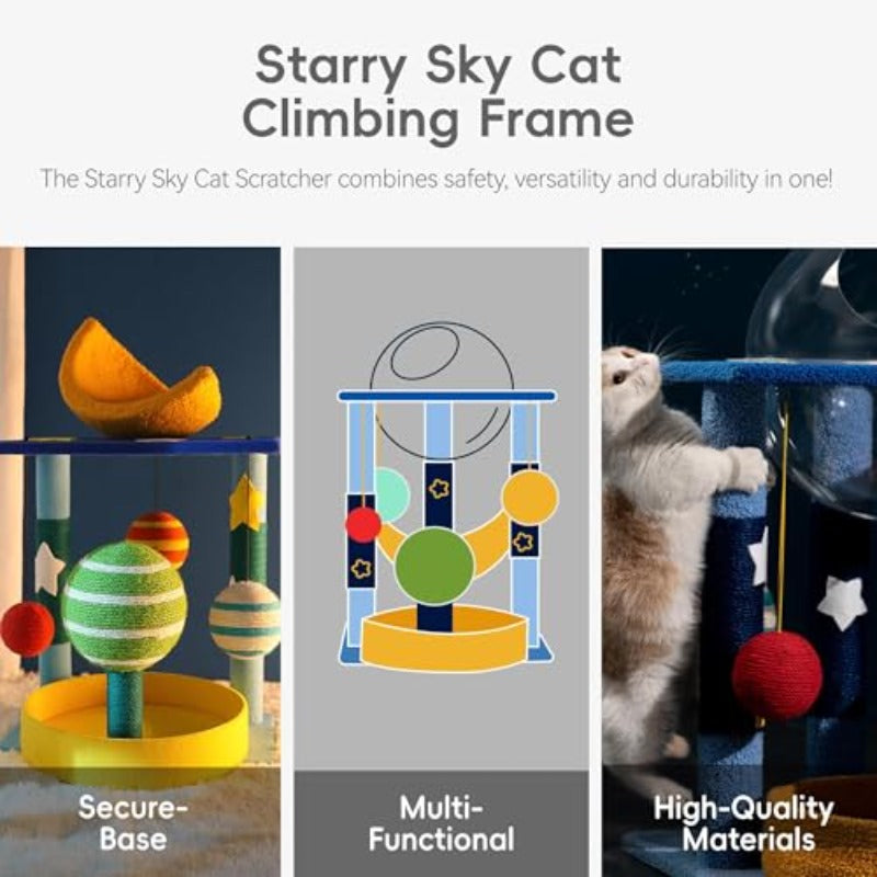 星空猫爬架塔 多层猫咪家具 含太空舱猫窝与猫屋组合 耐用猫抓柱 适用于室内猫咪 35英寸