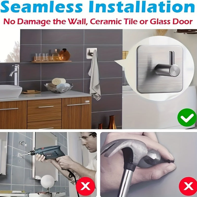 2-Pack Heavy Duty Self-Adhesive Stainless Steel Wall Hooks - Waterproof for Bathroom &amp; Bedroom, Towel &amp; Clothes Hooks, Square Backplate - Easy Install, Strong Adhesive