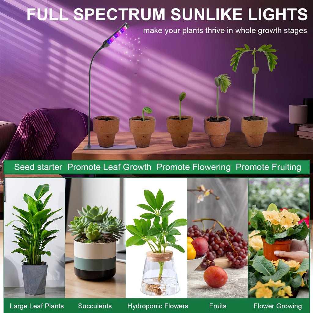 1-Pack Full Spectrum LED Plant Grow Light with Base, Movable Overhead Grow Lamp, White/Red/Blue LED Beads, 10 Dimmable Levels & Auto Timer 3/9/12H, Desktop Cabinet Clip-On Design, Perfect for Indoor Potted Plants, Easy Maintenance, Ideal Choice