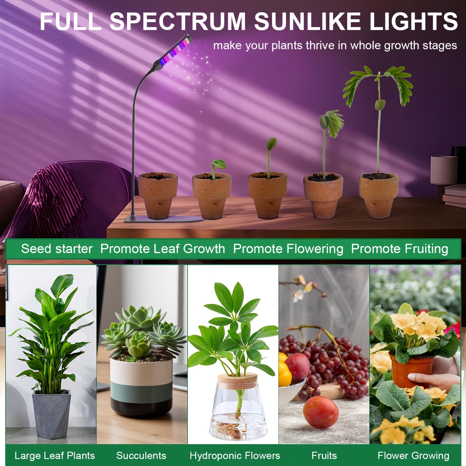 1-Pack Full Spectrum LED Plant Grow Light with Base, Movable Overhead Grow Lamp, White/Red/Blue LED Beads, 10 Dimmable Levels & Auto Timer 3/9/12H, Desktop Cabinet Clip-On Design, Perfect for Indoor Potted Plants, Easy Maintenance, Ideal Choice