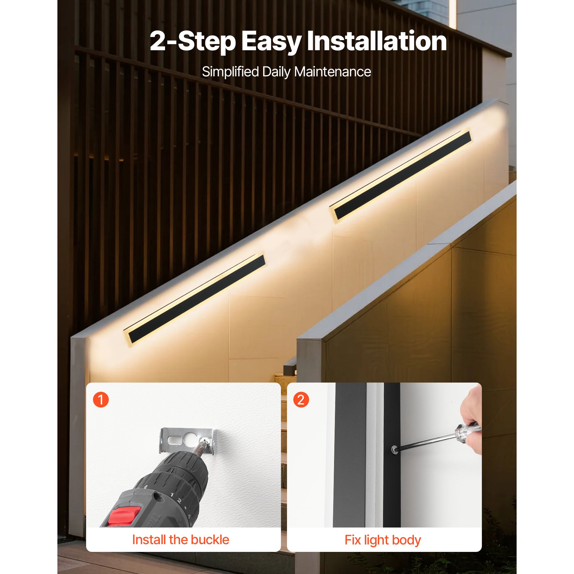 VEVOR Outdoor Wall Light, 1-Pack / 2-Pack, 23.6-Inch / 31.5-Inch / 39.4-Inch Long Strip Modern Exterior Wall Light, 3000K Warm White Light, Rust-Proof Outdoor Wall Mount Light, Suitable for House, Porch, Garage