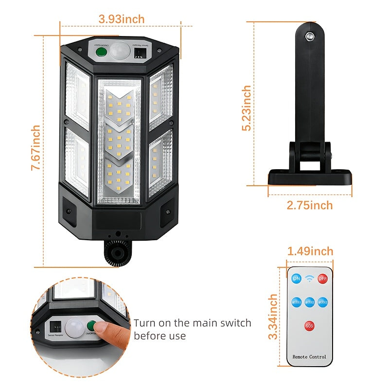 Commercial Solar Street Light with 56 LEDs, Designed for Outdoor Use, Engineered to Operate from Dusk to Dawn. These Solar Lights are Equipped with a Motion Sensor and Remote Control, Perfect for Parking Lots, Garages, Courtyards