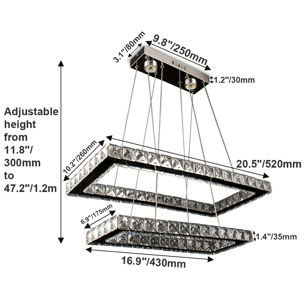 Modern pendant light with remote control, 20.5-inch LED dimmable 2-ring rectangular crystal chandelier adjustable height, dining room kitchen living room island light pendant light