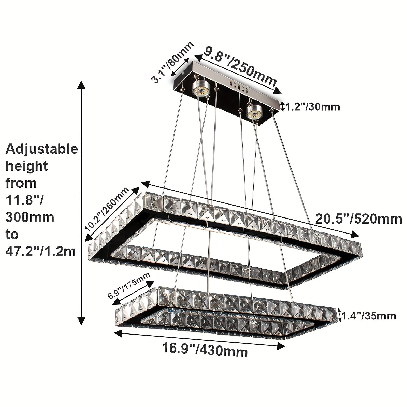Modern pendant light with remote control, 20.5-inch LED dimmable 2-ring rectangular crystal chandelier adjustable height, dining room kitchen living room island light pendant light
