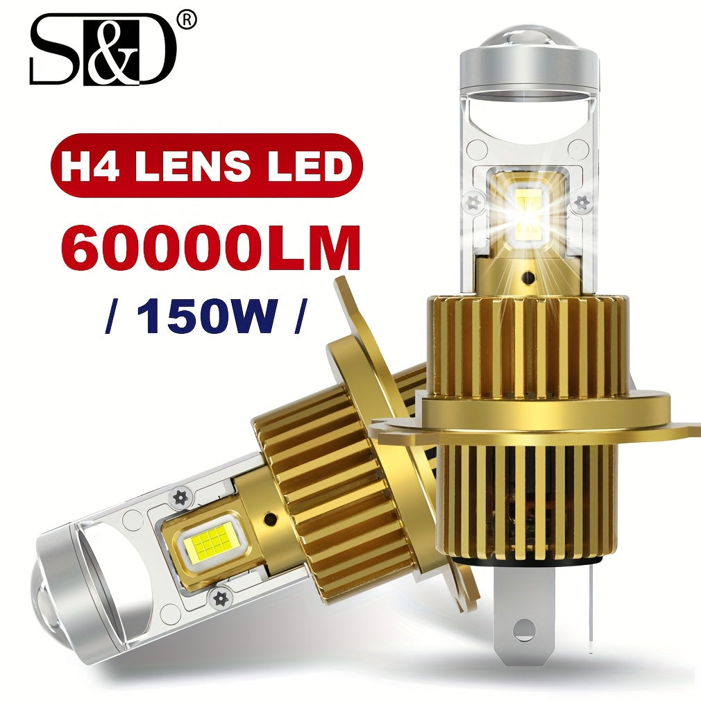 S&D 2-Pack High/Low Beam 150W H4 H7 LED Car Lens Headlight Bulbs, 60000LM H11 9005 HB3 9006 HB4 Car Lens Lights, Turbo LED Lights, Super Bright Car Headlights, Plug-and-Play, 12V, with Canbus Interface
