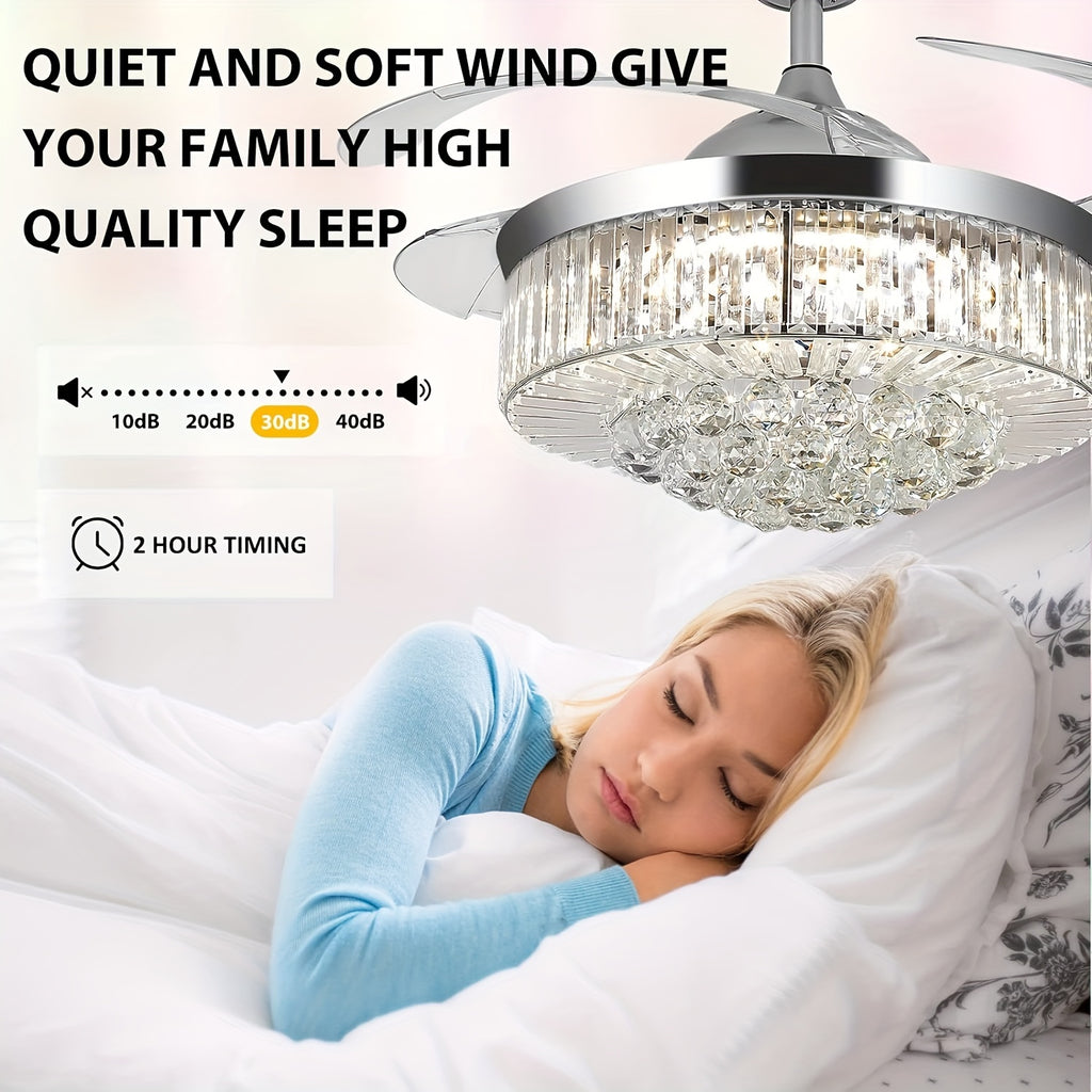 42 Inch Flush Mount Ceiling Fan with Light, Reversible Chandelier Design, for Bedroom and Living Room, 3 Color Options, 6 Speed Settings, Built-in Timer and Chandelier Function