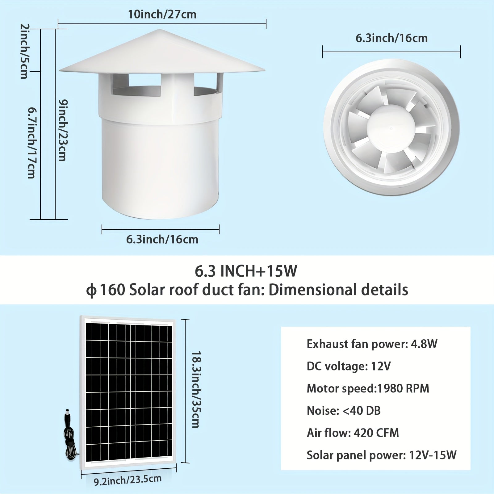 1PC Household Solar Fan, Roof Rain Cap Duct Exhaust Fan, 110mm Duct Fan with 8W Solar Panel & 160mm Duct Fan with 15W Solar Panel, White Solar Fan, Perfect for Boosting Air Circulation in Attic, Greenhouse, Chicken Coop and Pet House