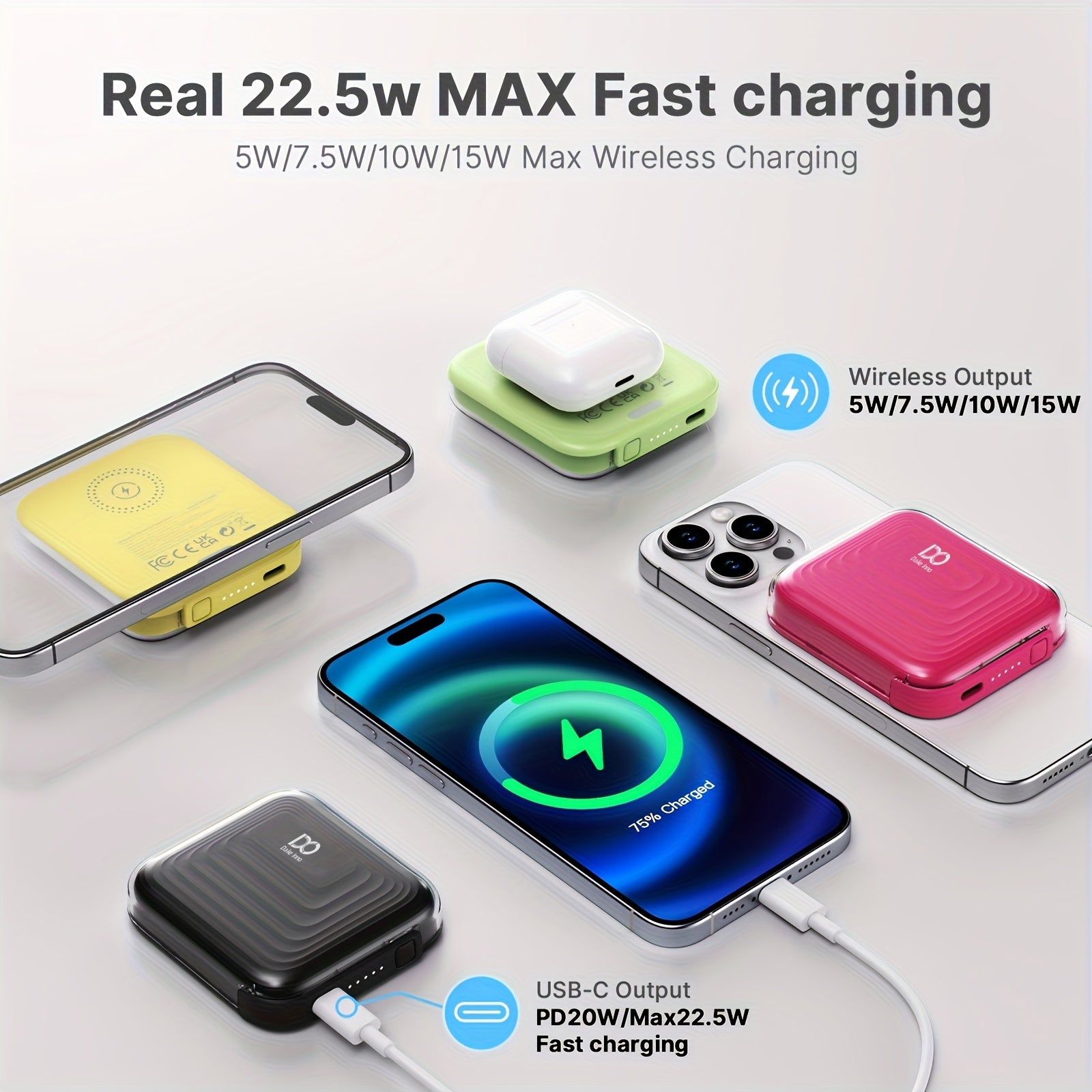 超薄口袋便攜磁吸充電寶，5000毫安時無線充電器，支援22.5W PD快充，相容Mag-Safe，可適配iPhone 17/16/15/14/13/12系列，多色可選