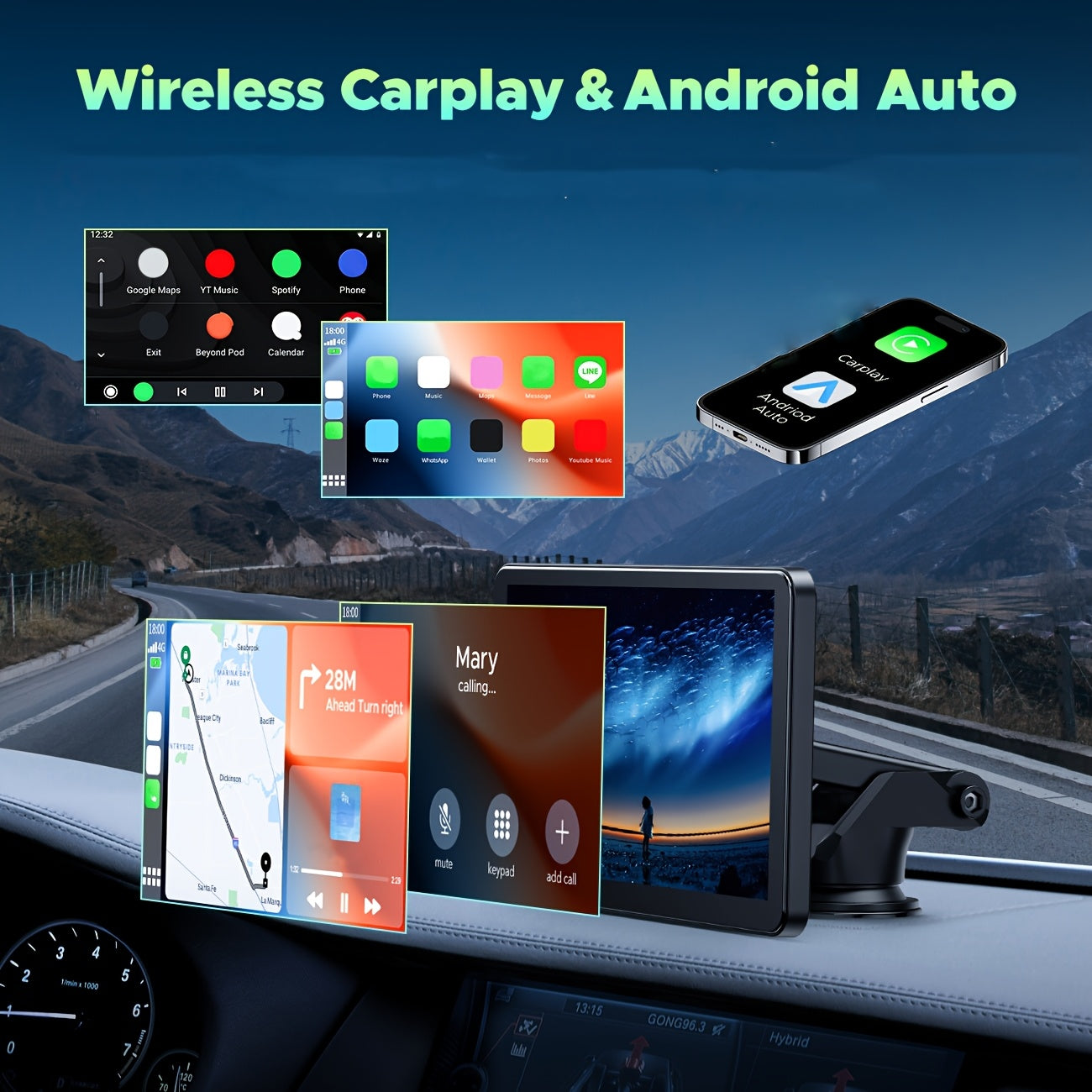 Lamtto Carplay Car Display, 7-Inch Wireless Portable Device, Compatible with Android System, Features GPS Navigation, Screen Mirroring, Voice Control & AUX/FM Functions