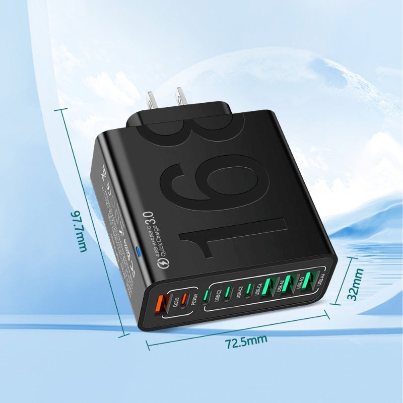 8-USB Smart Charger with QC3.0+PD Fast Charging Compatible for iPhone 17/16/15/14/13/12/11/XS/XR/Plus & Samsung, Voltage Adapter (-240) for Home & Travel, Smart Device Charging Station for Smartphones/Tablets/Electronics