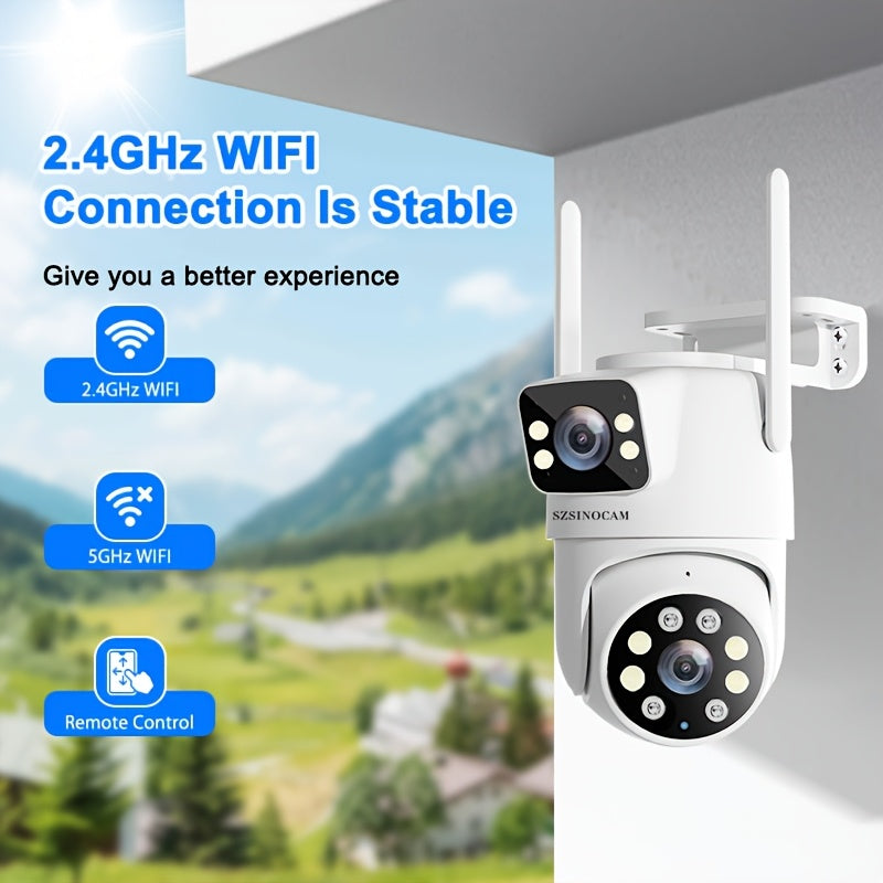 IP66 双镜头户外 WiFi 安防摄像头 2.4GHz 无线 IP 摄像机 AI 人形追踪 全彩夜视 双向语音 云台旋转 家庭监控