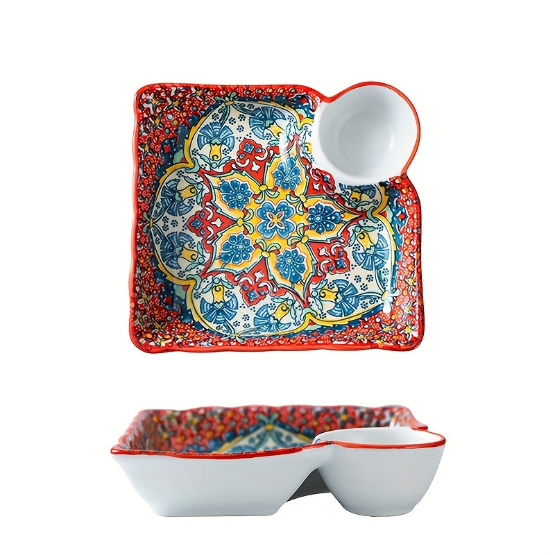 NTKOW 1 Set of 4 Bohemian Style Art Ceramic Dinner Plates – 8-Inch Multi-Purpose Steaming & Serving Bun Plate – Microwave Safe, Beautiful Hand-Painted Design – Suitable for Home & Commercial Use, Easy to Clean