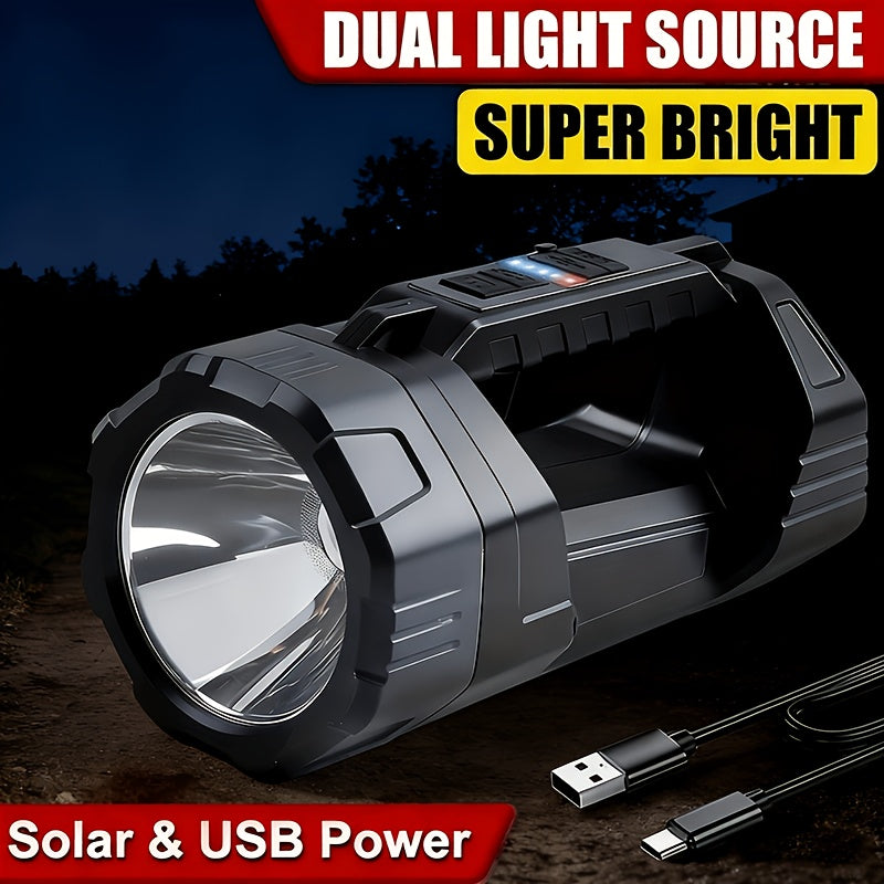 1pc MACROCOSM Solar/USB Rechargeable Spotlight, Battery Level Indicator & USB Output Port, LED Flashlight, 6 Modes Portable Torch with Side Light, Ideal for Camping, Emergency, Outdoor - Handheld Searchlight