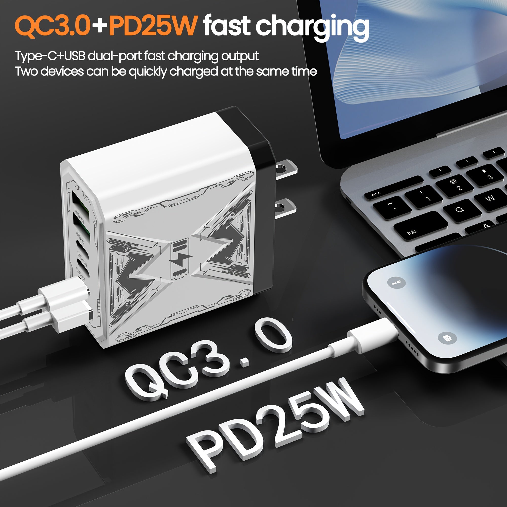 6-in-1 Fast Charger 3USB + 3Type-C Power Adapter with Indicator Light, QC3.0 Power Adapter Cube USB Wall Charger, for iPhone 17/ 16/ 15/ 13/ 13pro/ 12/ 12pro/ XR/ SE, Pro/ Mini/ Air