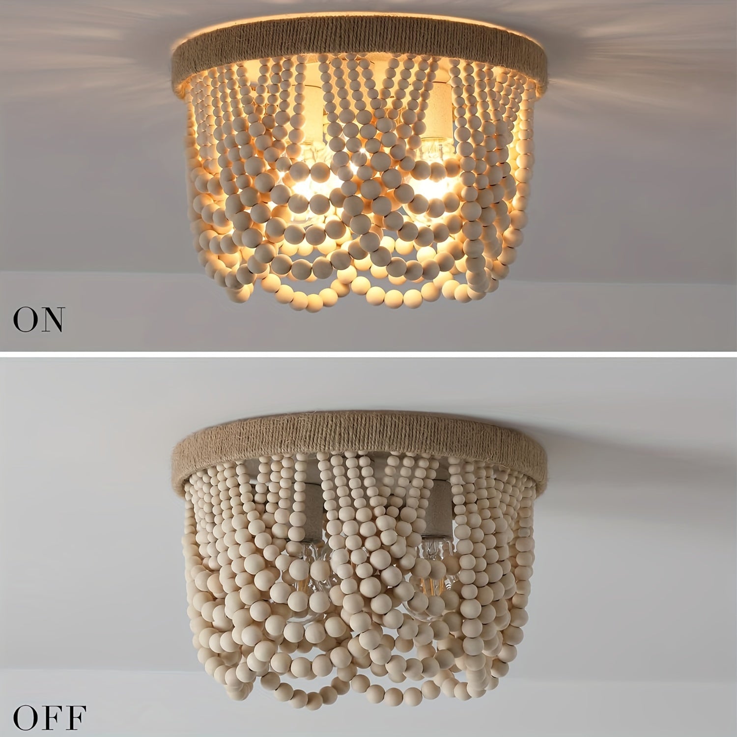 Bohemian Farmhouse Lighting, Wood Bead Pendant Light, Finished 3-Light Semi-Flush Mount Ceiling Light, Bedroom Rustic Mini Pendant Light, Hallway Bedroom Kitchen Living Room, E26 E27 Base (Bulb Not Included)