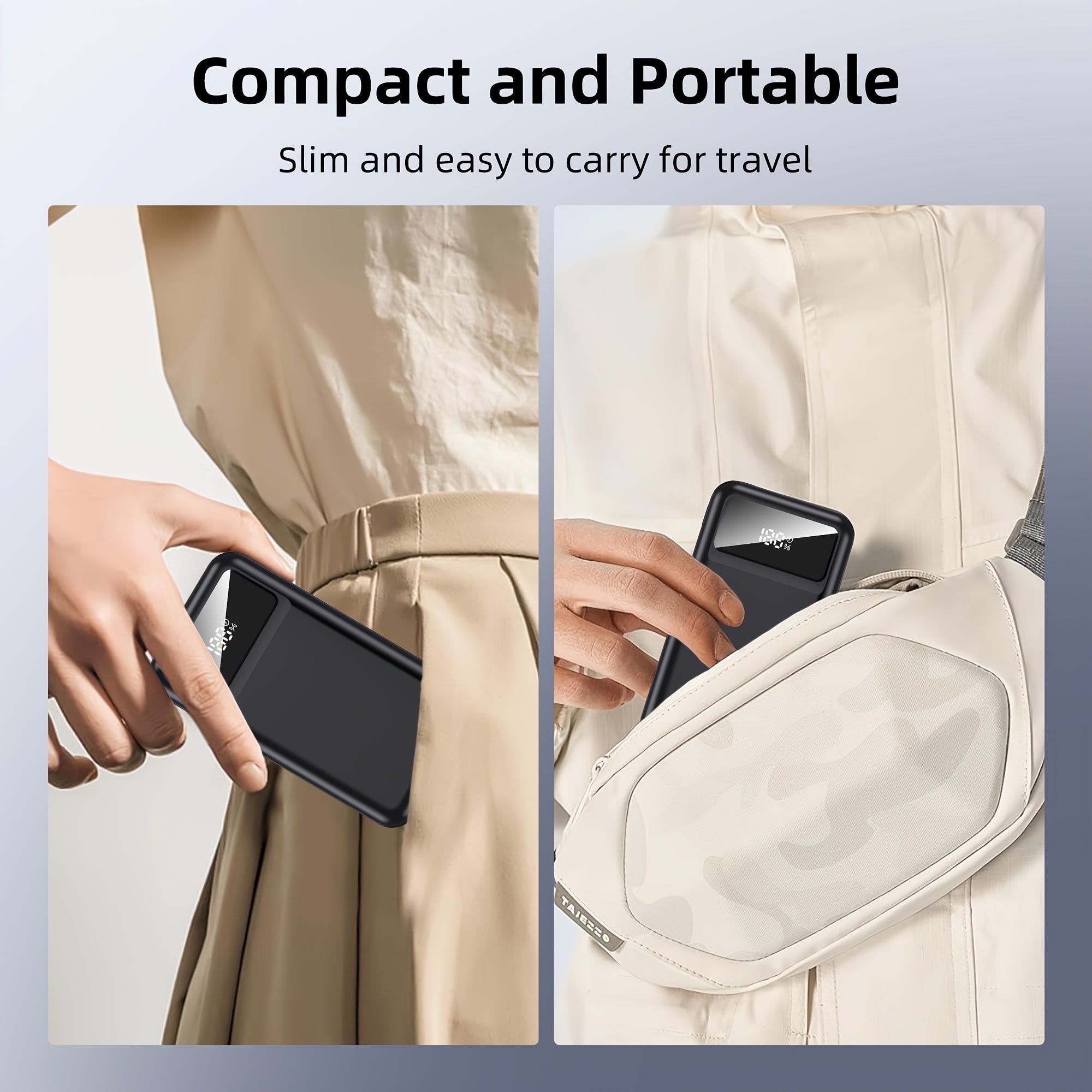 Portable Charger with 10000Mah Capacity, Features a Built-In 2.3-Foot Retractable Cable, Essential for Travel, Fast Charging Power Bank, USB C Battery Pack with LED Display.