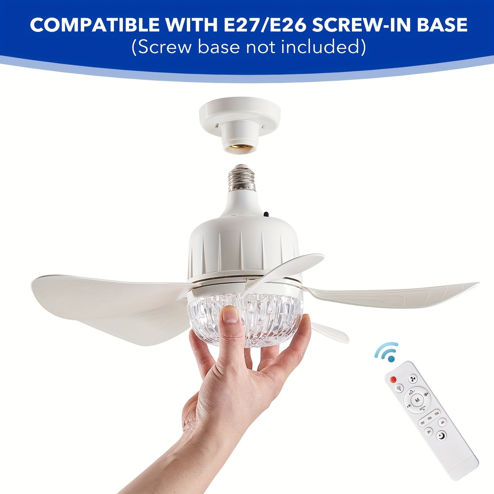 Socket Fan with Light, Screw-In Flush Mount Fan with Light and Remote Control, E26/E27 Easy Install Ceiling Fan, Mini Base Ceiling Fan Bulb Replacement, Dimmable Socket Fan Ceiling Light