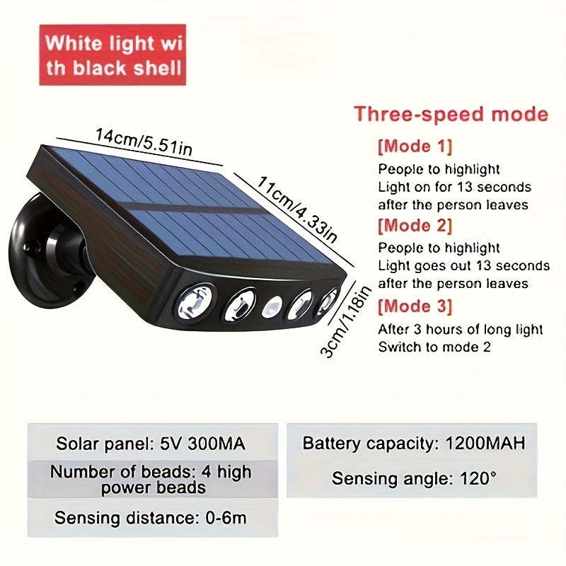 Solar Security 4 LED Light Outdoor Decorative Sensor Motion 3 Lighting Modes Street Light Built-in 18650 Lithium Battery Wall Night Working Light IP44 Solar Daylight Garden Light Super Bright Solar Security Light Garden Courtyard