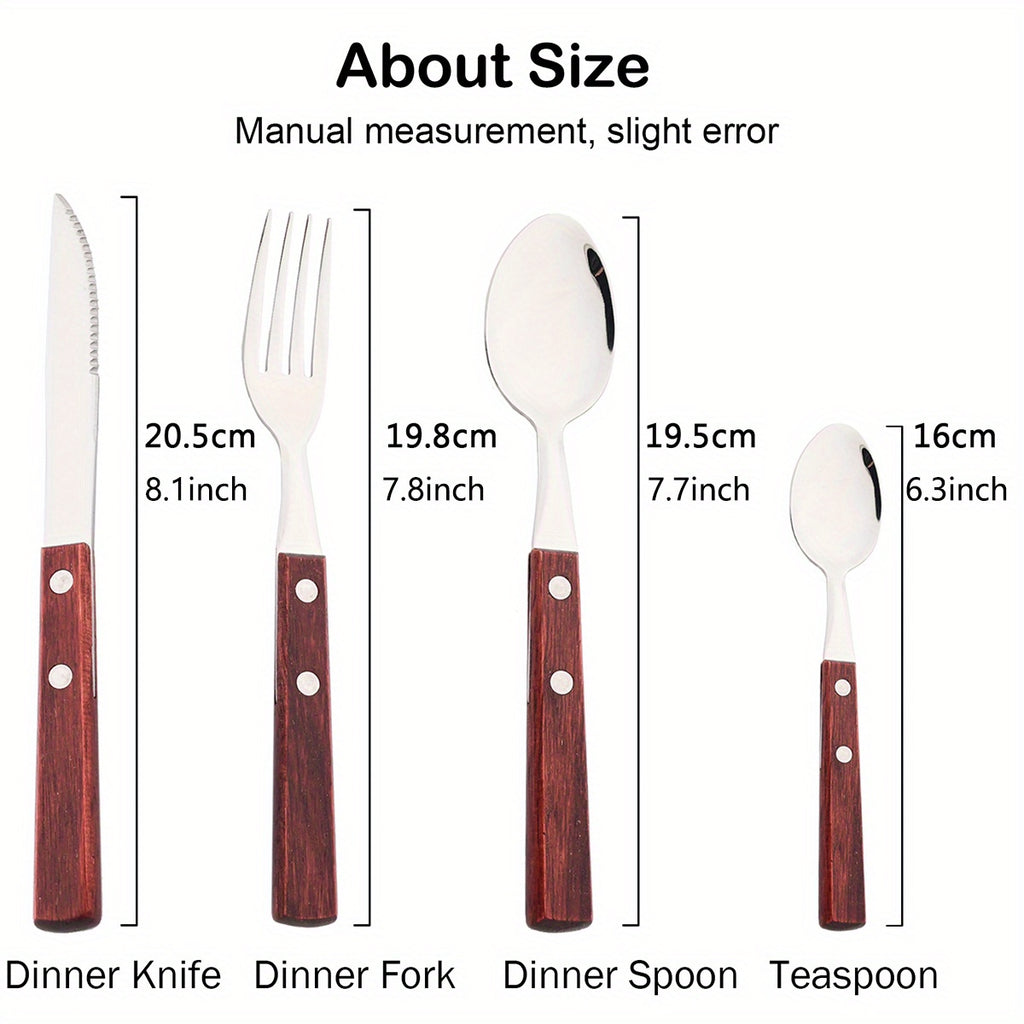 24-Piece Stainless Steel Cutlery Set with Wooden Handles – Mirror Polished Knife, Fork, Spoon & Tea Spoon – Vintage Flatware Set Service for 6 – Perfect for Home, Restaurant & Weddings
