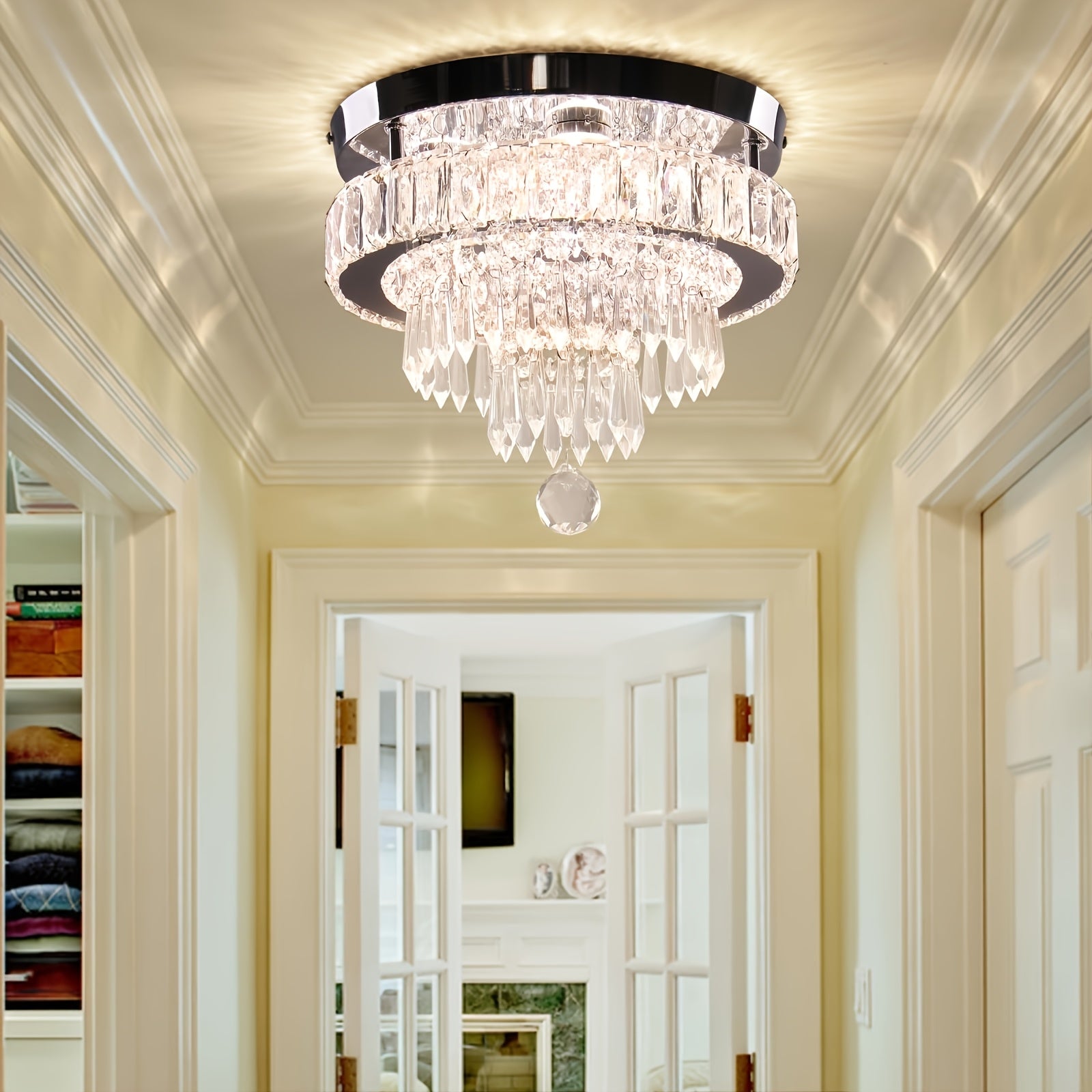 Remote Control Dimmable LED Crystal Ceiling Light - 11.8-Inch Modern Pendant Light with 3 Adjustable Light Colors, Suitable for Bedroom, Living Room and Hallway