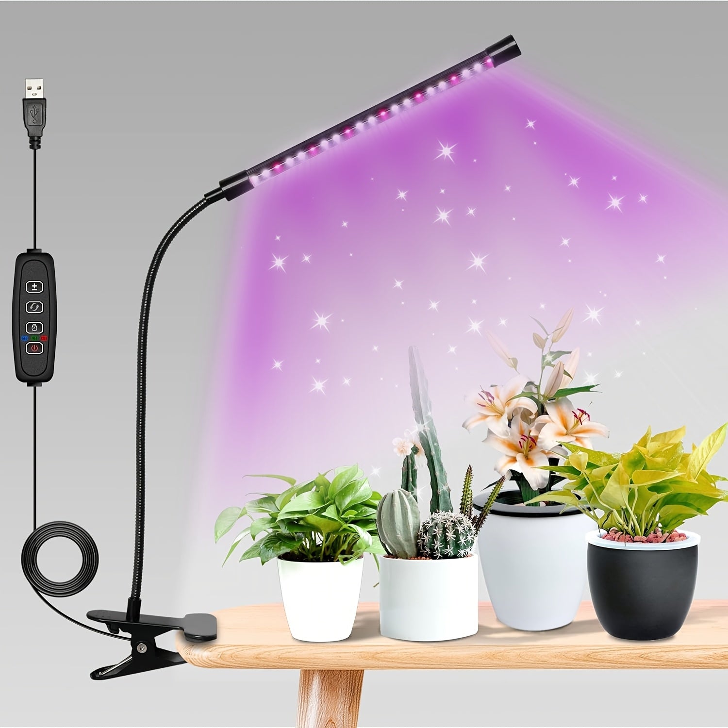 1/2/3/4-tube indoor plant LED grow light, 6000K full spectrum white light and red light, clip-on plant fill light, 5-level dimming, automatic timer switch (4, 8, 12 hours), USB powered, plant grow light