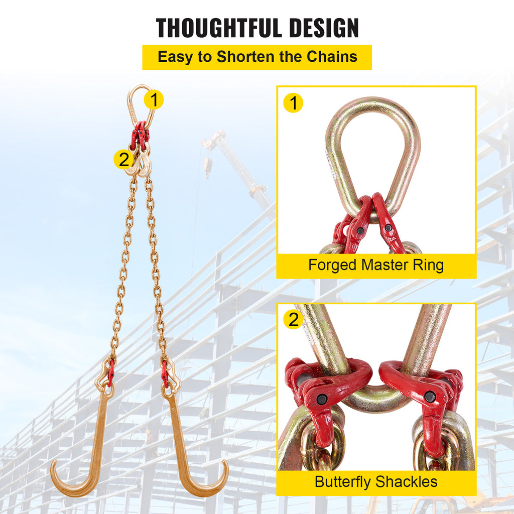 VEVOR V Harness Chain, 8 mm x 60 cm Harness Tie Down Chain, Grade 80 V-Harness Transport Chain, 4898 kg Breaking Strength, with TJ Hooks and Crab Hooks, Heavy Duty Pear Link Connector and Chain Shortener
