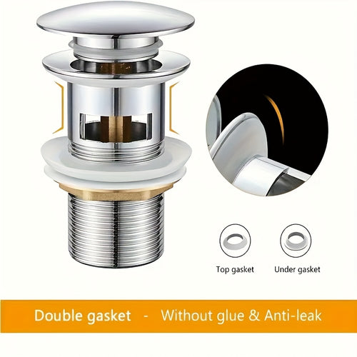 1-Piece Stainless Steel Pop-Up Sink Drain - Push-to-Close, Odor-Proof Bathroom Glass Basin Drainer, Washbasin Waste Fitting