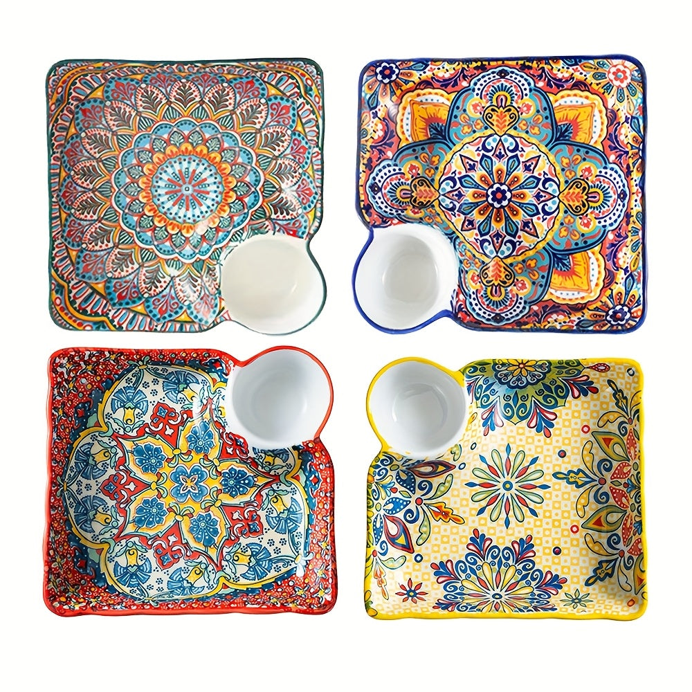 NTKOW 1 Set of 4 Bohemian Style Art Ceramic Dinner Plates – 8-Inch Multi-Purpose Steaming & Serving Bun Plate – Microwave Safe, Beautiful Hand-Painted Design – Suitable for Home & Commercial Use, Easy to Clean