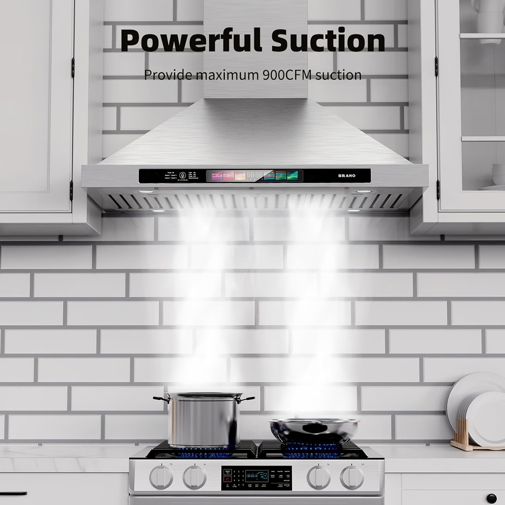900CFM Wall-Mounted Range Hood, Stainless Steel, Voice/Gesture/Touch Control, Convertible Ducted/Ductless Kitchen Exhaust Fan, 4-Speed Fan, Memory Mode, 4 Adjustable Lights
