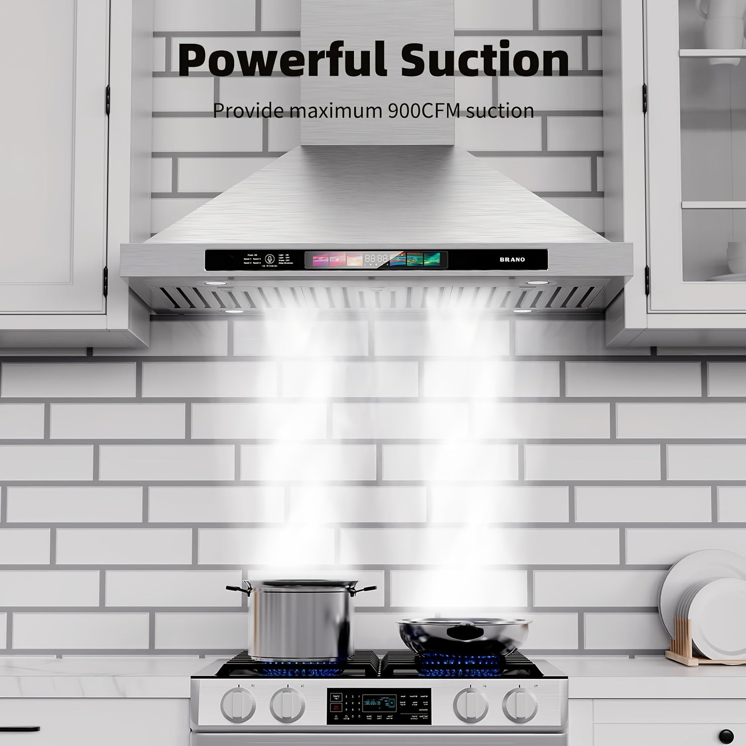 900CFM Wall-Mounted Range Hood, Stainless Steel, Voice/Gesture/Touch Control, Convertible Ducted/Ductless Kitchen Exhaust Fan, 4-Speed Fan, Memory Mode, 4 Adjustable Lights