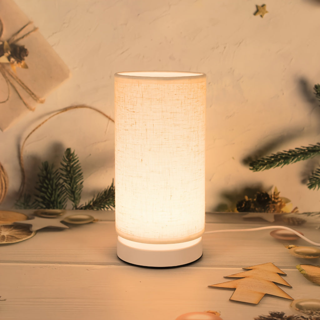 1 piece modern linen cylinder table lamp, with warm ambient lighting, USB powered and switch control - perfect for bedroom, office, nightstand, bookshelf decoration - cozy holiday gift, battery not included, bedroom light