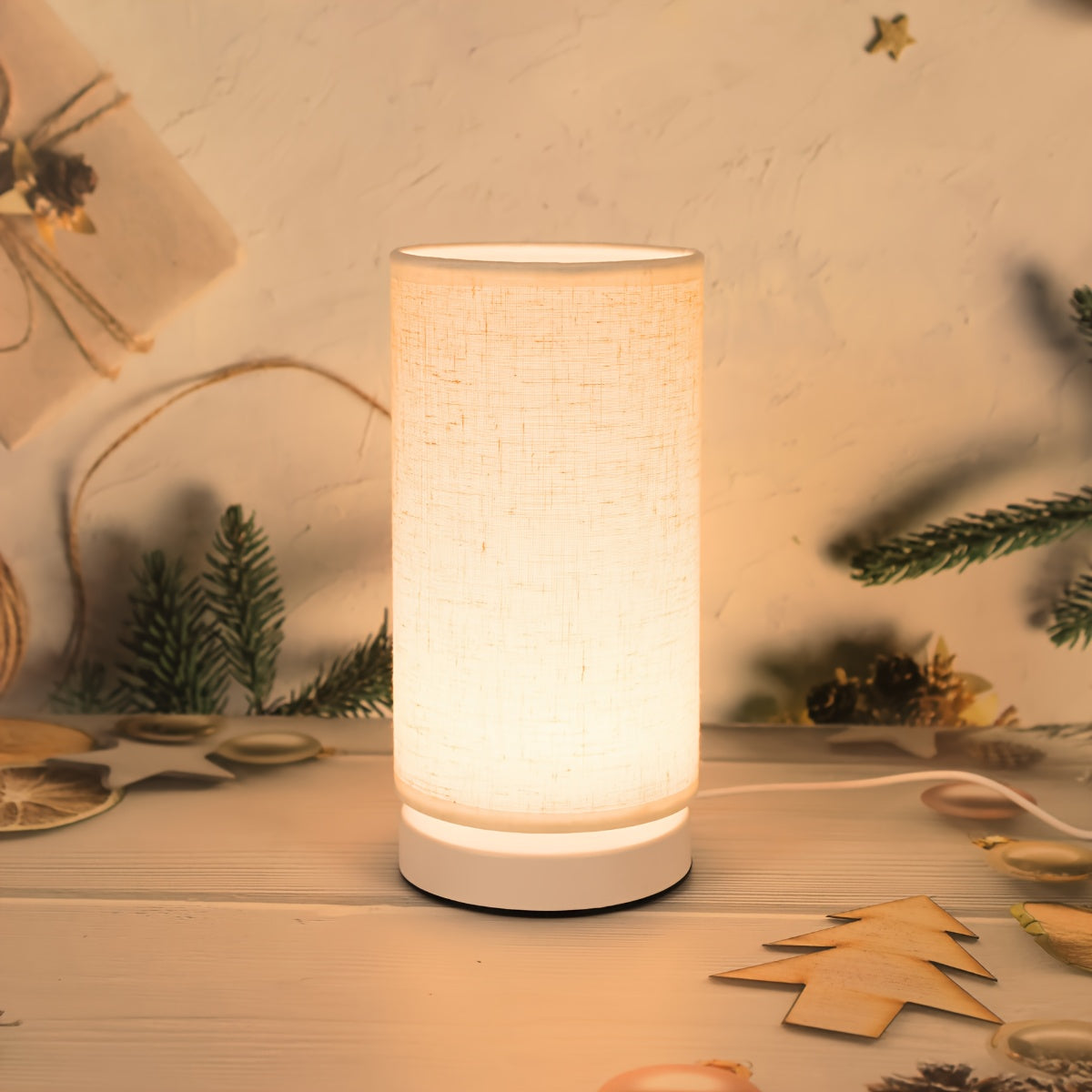 1 piece modern linen cylinder table lamp, with warm ambient lighting, USB powered and switch control - perfect for bedroom, office, nightstand, bookshelf decoration - cozy holiday gift, battery not included, bedroom light