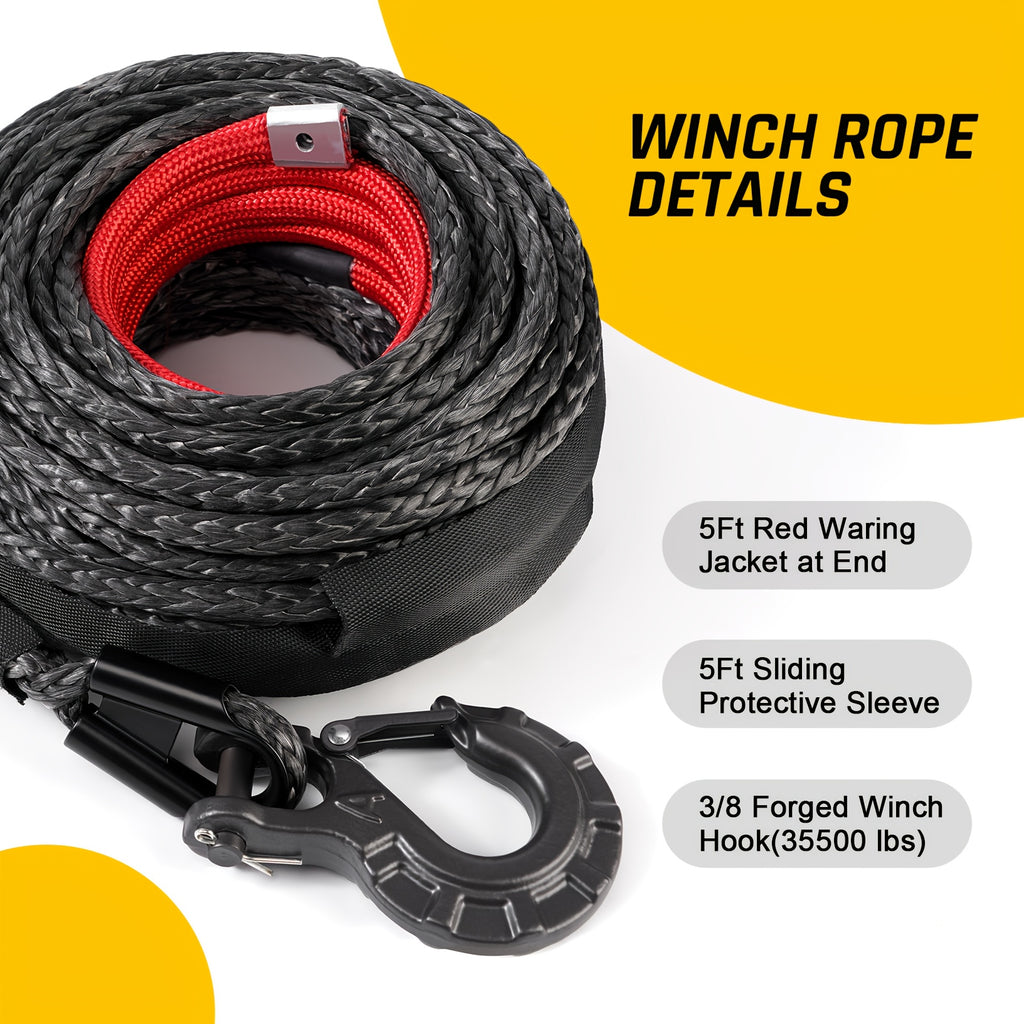 Synthetic Winch Line, 3/8 Inch x 92 Feet 25,500 Lbs Synthetic Winch Rope for 4WD Vehicles SUV Jeep, with Forged Winch Hook