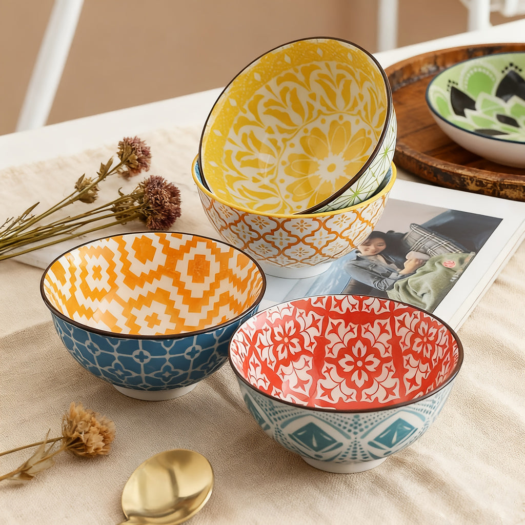 4-Piece Bohemian Style Ceramic Salad Bowls, 4.8-Inch Colorful Kitchen Bowl Set – Great Gift for Family & Friends – Can Be Used as Fruit Bowl, Salad Bowl, Cereal Bowl, Rice Bowl, etc. – Dishwasher & Microwave Safe