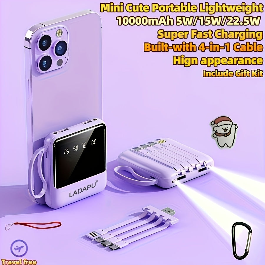 「10000mAh 大容量小尺寸，超大功率！這款迷你行動電源內建四合一多功能充電線，支援 5W/15W/22.5W 超級快充，非常適合旅行商務時使用，隨時保持您的裝置電量充足。」