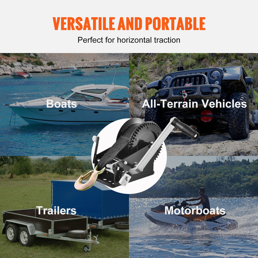 VEVOR Hand Winch, 1200/1600/2000/3500 lbs Pulling Capacity, Boat Trailer Winch with 23 ft Polyester Strap and Two-Way Ratchet, for Trailer, Boat or ATV Towing
