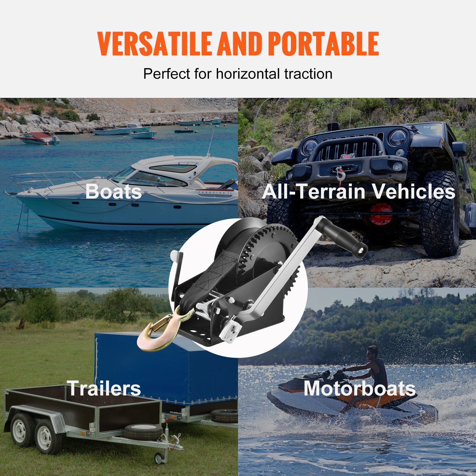 VEVOR Hand Winch, 1200/1600/2000/3500 lbs Pulling Capacity, Boat Trailer Winch with 23 ft Polyester Strap and Two-Way Ratchet, for Trailer, Boat or ATV Towing