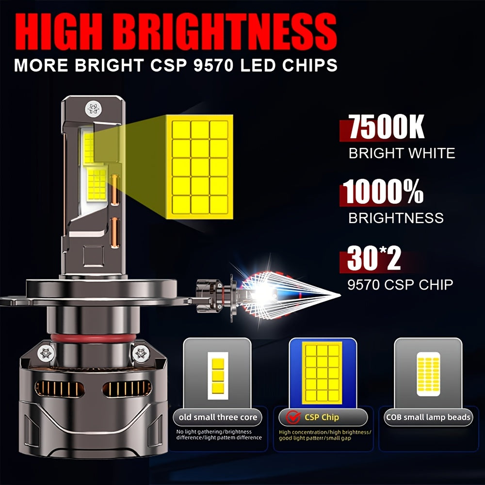 2-Pack Car LED Headlight Bulbs H1/H4/H7/H18/H8/H9/H11/H16/9005/HB3/9006/9012 1000% Brightness Increase No Battery High/Low Beam Integrated 60000 Lumens 7500K Color Temperature 12V-24V Voltage Fast Heat Dissipation Plug-and-Play H7 Model LED