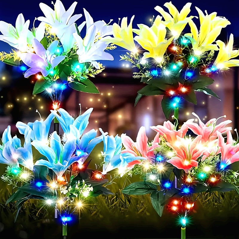 4pcs Solar 7 Lily Flower Light LED Outdoor Artificial Flower Light Solar Garden Light Outdoor Decoration for Courtyard, Garden, Path, Backyard, Lawn Ground Insert Light