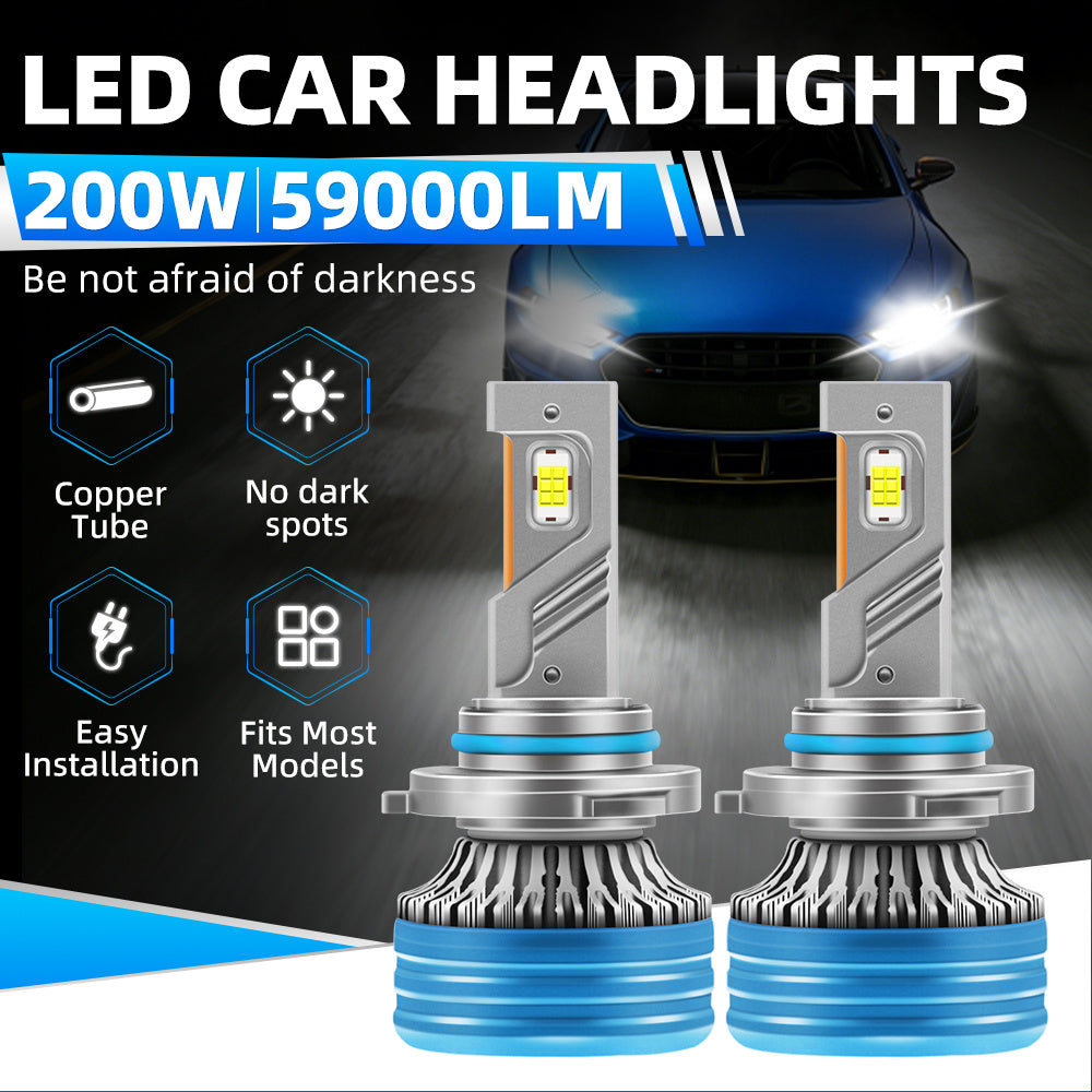 2 Pcs LED Car Headlights 200W 59000LM Super Bright White Turbo Fan Copper Tube No Black Spots Plug-and-Play Easy Installation 300m Lighting Range Fits Most Car Models, No Battery Included