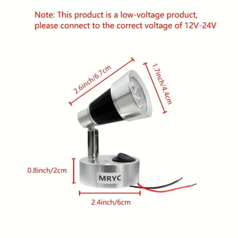 1pc RV indoor lighting light rotatable LED reading light spotlight, with push button switch, 3W bedside reading lamp, suitable for camper van, trailer, station wagon, marine yacht indoor lighting, DC12-24V