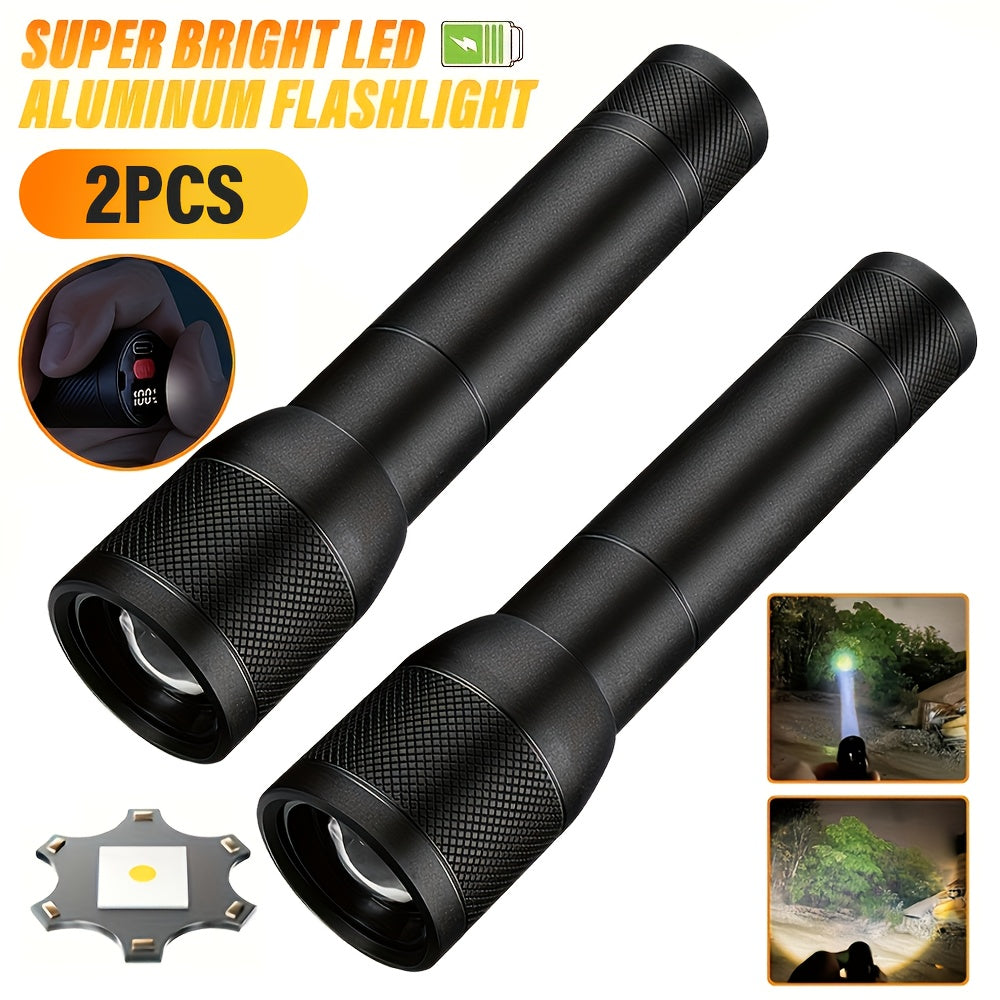 2PCS Handheld Portable Aluminum Alloy LED Flashlight, USB Rechargeable Outdoor Searchlight, Telescopic Zoom Camping Light, Suitable for Camping, Outdoor, Hiking and Work