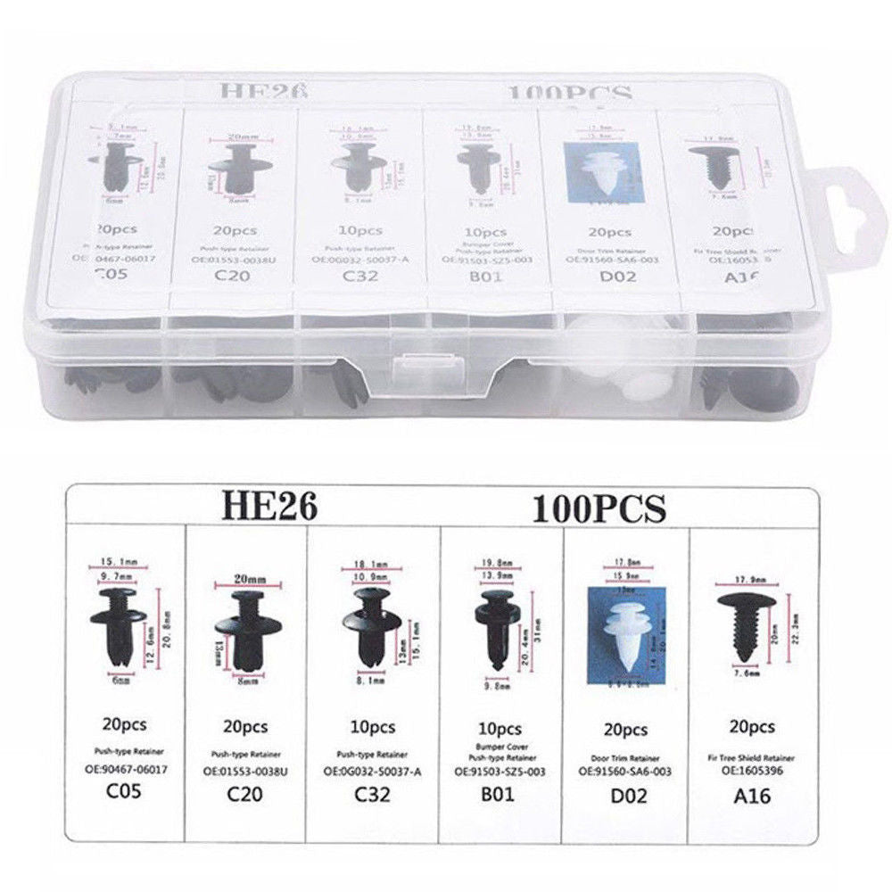100-Piece Trim Panel Retainer Fastener Kit – Assorted Auto Fastener Clips for Car Body, Push-Type Retainers, Pins, Rivets, Bumpers, Doors & Other Auto Accessories