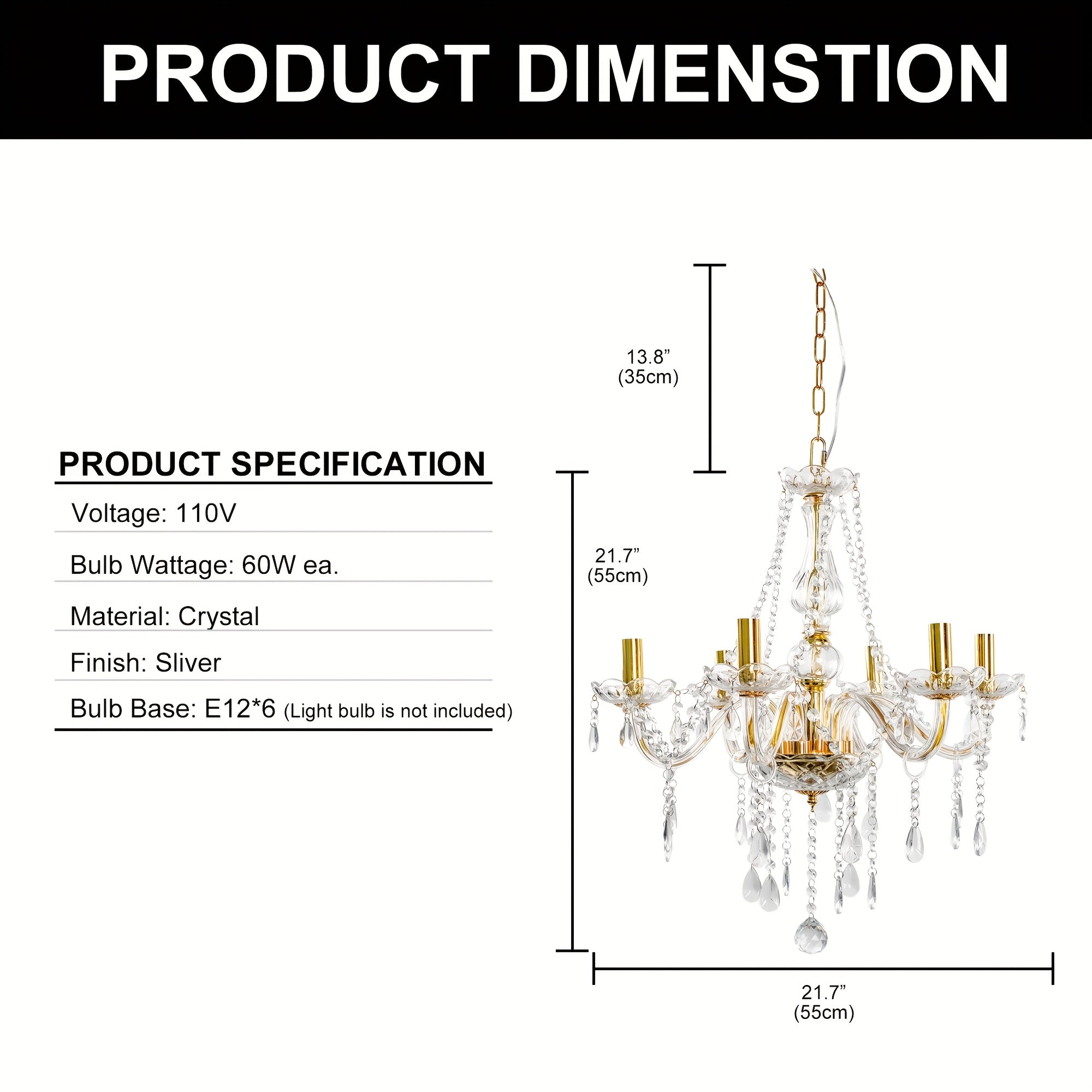 Modern gold crystal chandelier, 6-light branched pendant light, with chain, elegant chandelier, suitable for dining room, bedroom, living room, hotel, home decorative lighting, E12 base, bulbs not included