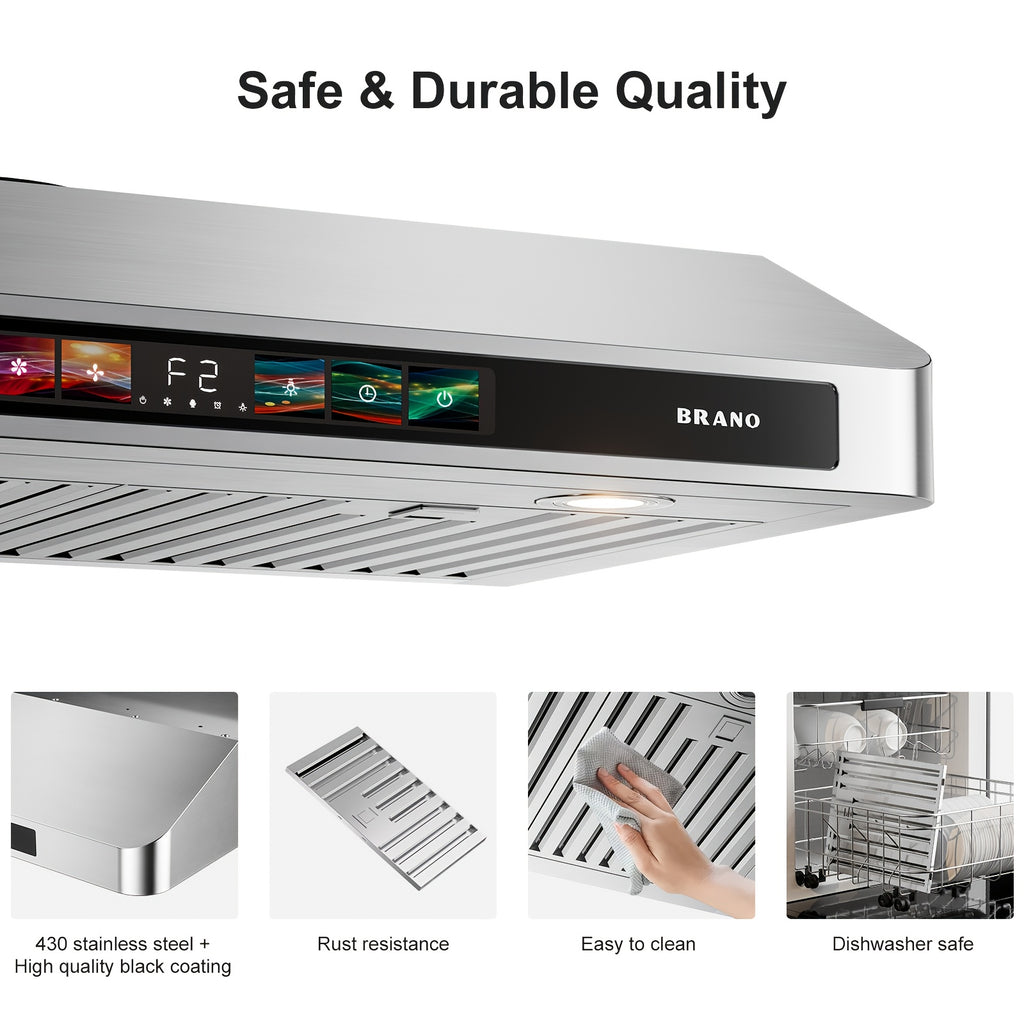 BRANO 36-Inch Under Cabinet Range Hood – Voice, Gesture & Touch Control, 900 CFM Kitchen Ventilation Fan with 4-Speed Exhaust Fan, Stainless Steel Stove Hood with LED Lighting & Baffle Filter
