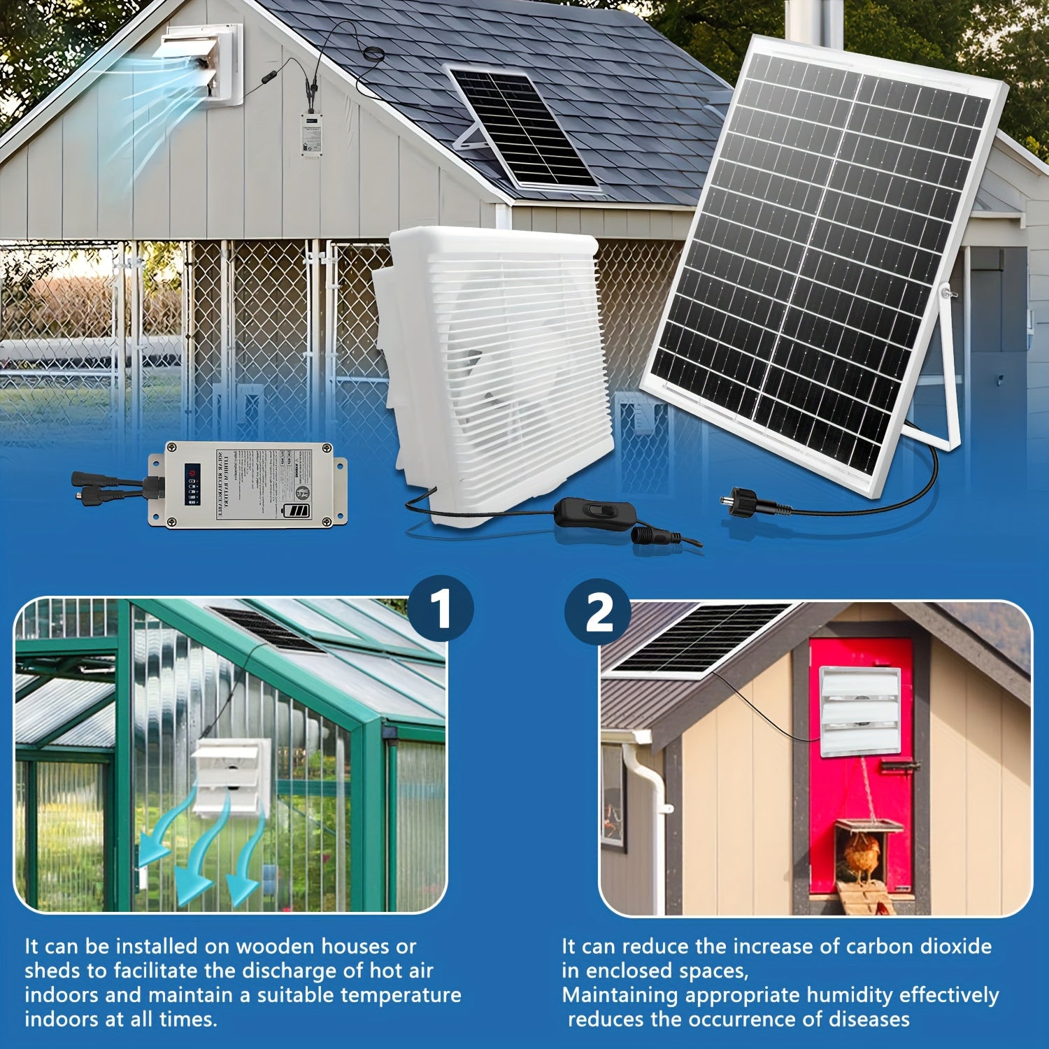 25W Solar Panel Ventilation Fan Set with 4000mAh Battery - 8 Inch High Speed Fan, Designed for Indoor Use, Equipped with Protective Grill and Louvers, Ideal for Ventilation in Greenhouse, Kitchen, Workshop, Shed, Attic and Pet House