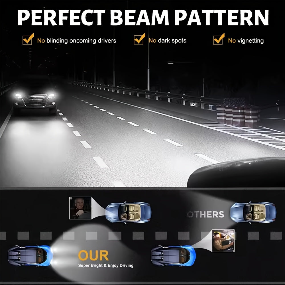 Two H4-QD054 Super Bright 6500K White Light CSP LED Headlights, Luminous Flux Up to 50000LM per Pair, Lens Design for Ideal Beam, Built-in Driver with Fan for Extended Lifespan, No Battery Included